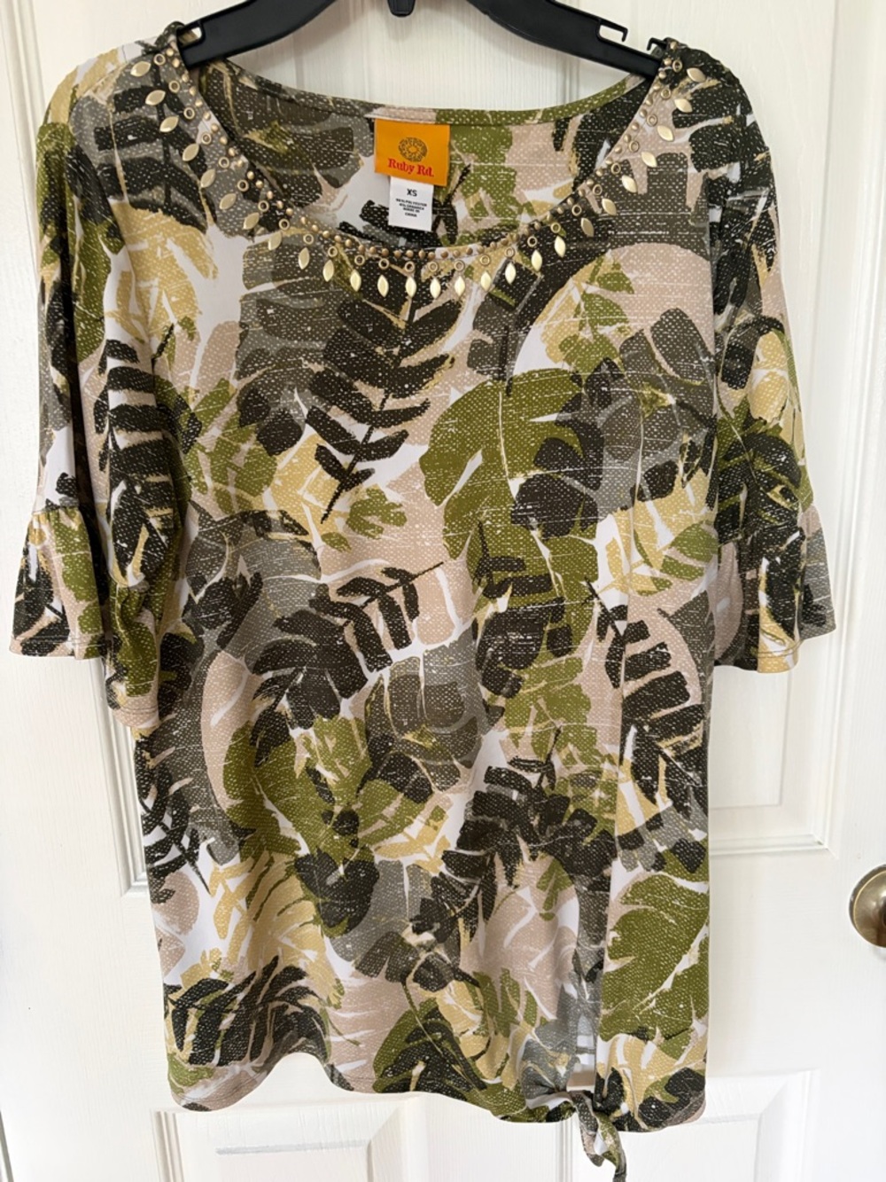 Ruby Rd. Olive & Beige Leaf-Print Short Sleeve Top with Embellished Neckline